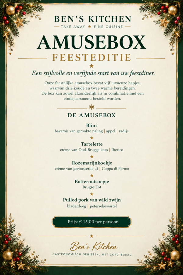 Feestelijke Amusebox menu in groen en goud